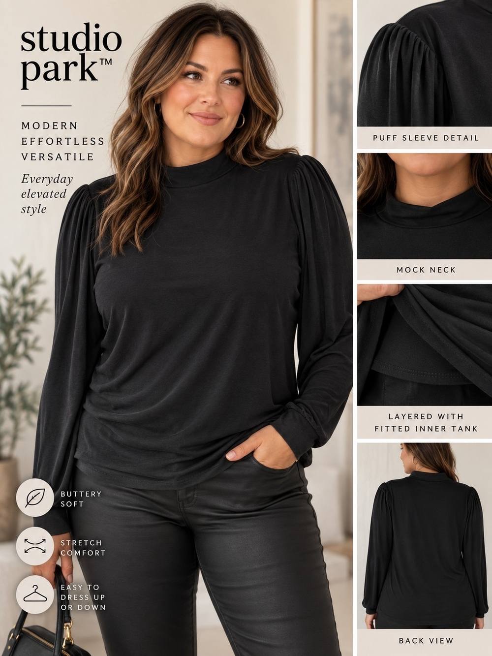 Studio Park XL Black Modal Mock Neck Puff Sleeve Layered Top